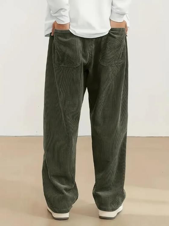 Dark Green Loose Fit Corduroy Cargo Style Trouser