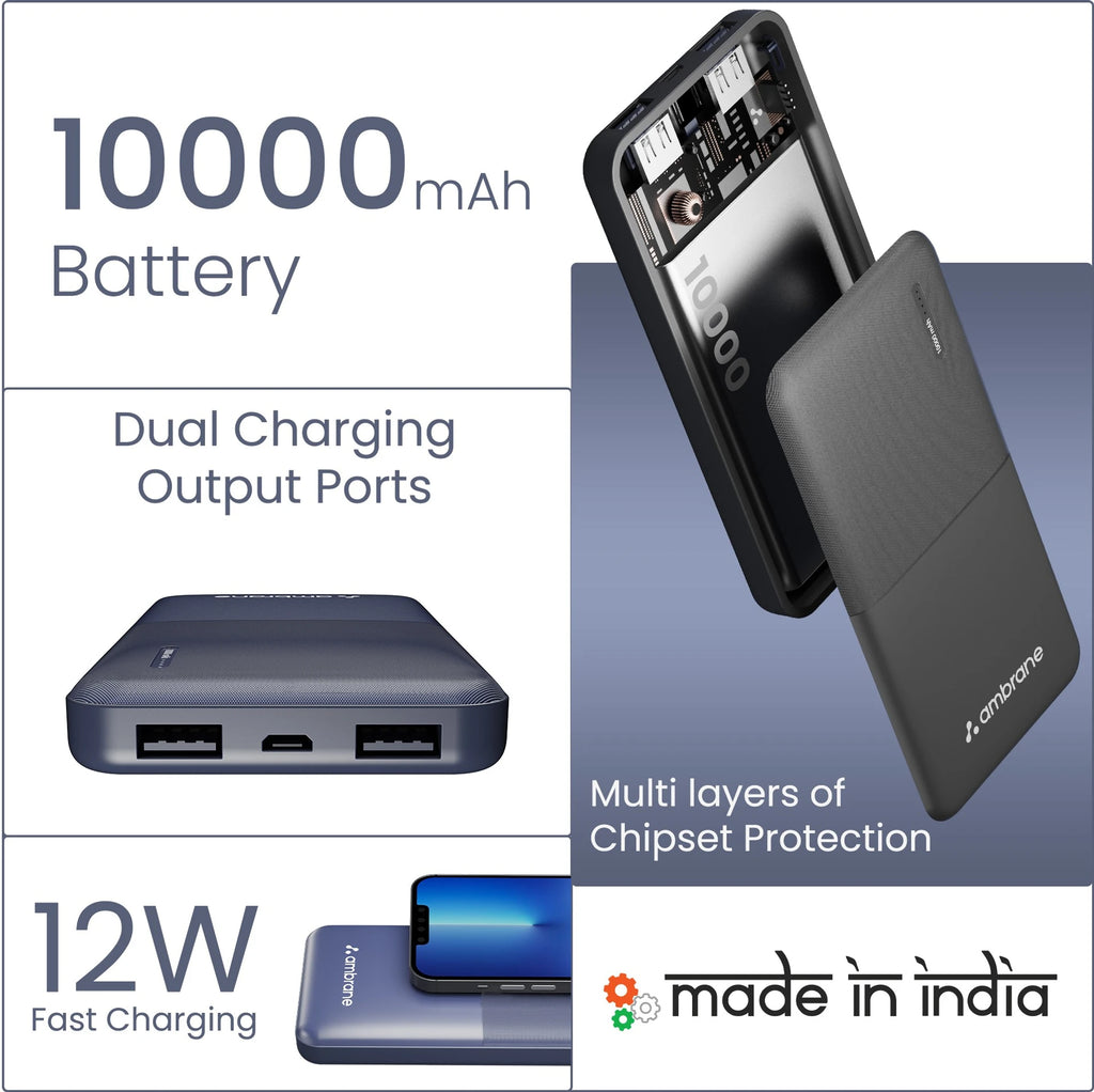 Ambrane 10000 mAh 12 W Compact Pocket Size Power Bank