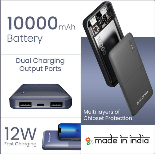 Ambrane 10000 mAh 12 W Compact Pocket Size Power Bank